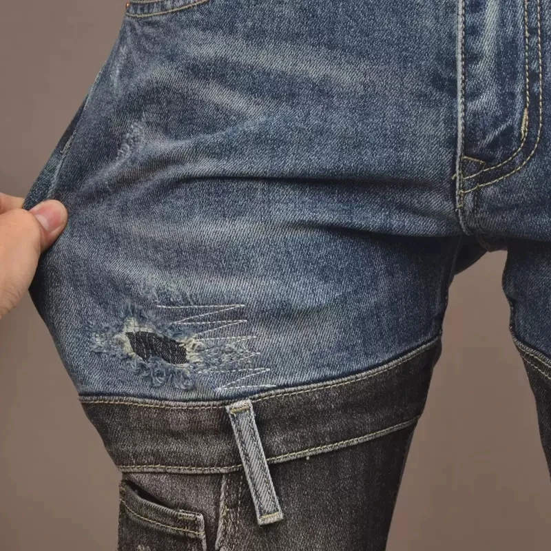 Fashion Streetwear Men Jeans Retro Blue Stretch Slim Fit Vintage Ripped Jeans Men Trousers Patched Designer Hip Hop Pants Hombre