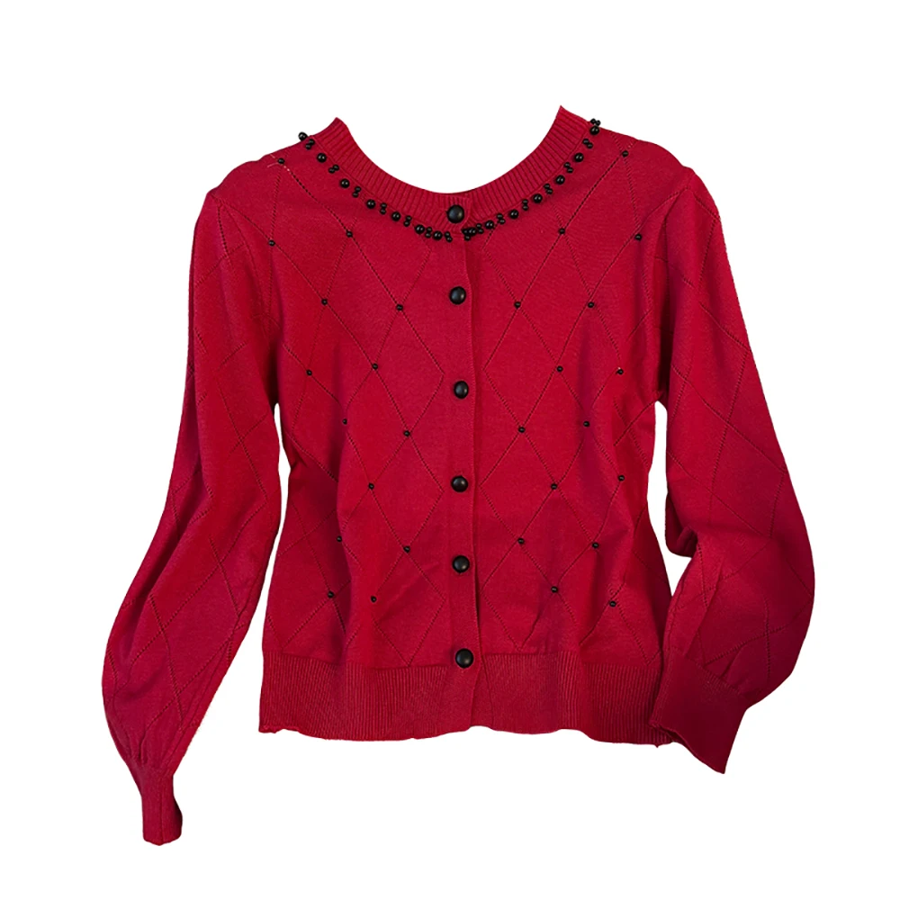 Women Beading Plaids Knit Cardigans Spring Autumn Loose O-Neck Sweater Outerwear Elegant Temperament Single Breasted Knitted Top