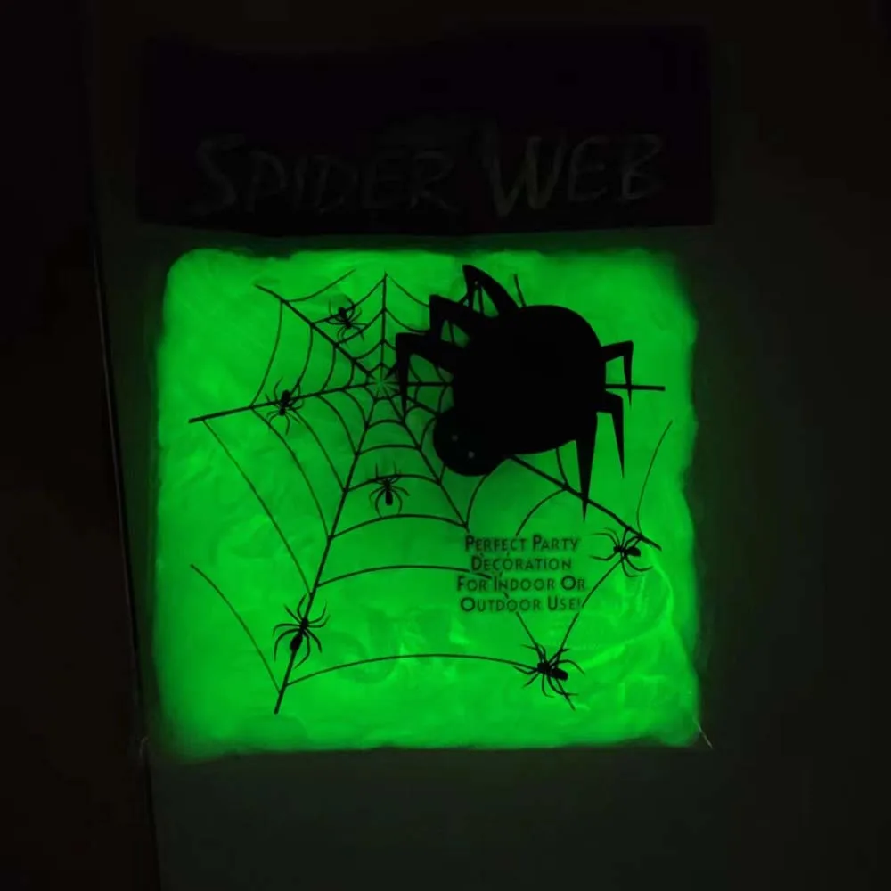 Świecące w ciemności pajęczyny, dekoracje na Halloween, fluorescencyjna pajęczyna do domu, ogrodu, nawiedzonego domu, dekoracje na imprezę. — 2