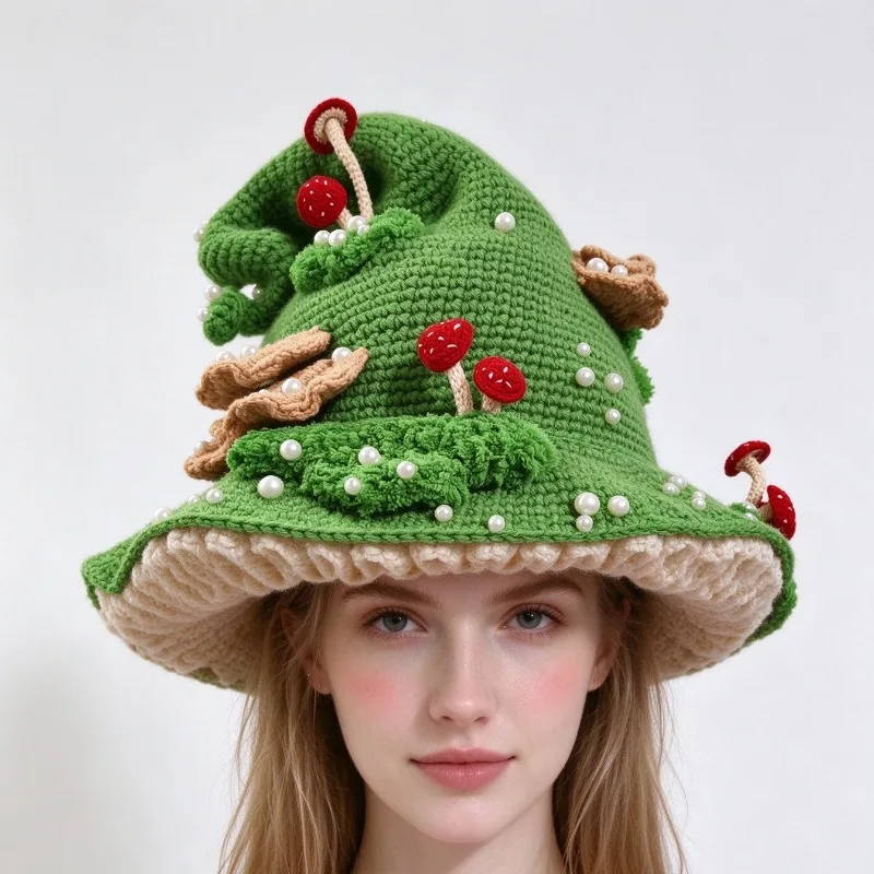 Handmade Colorful Forest Pixie Beanie Women Custom Crochet Mushroom Pearl Knitted Witch Wizard Hat Men Cosplay Funny Unisex Caps
