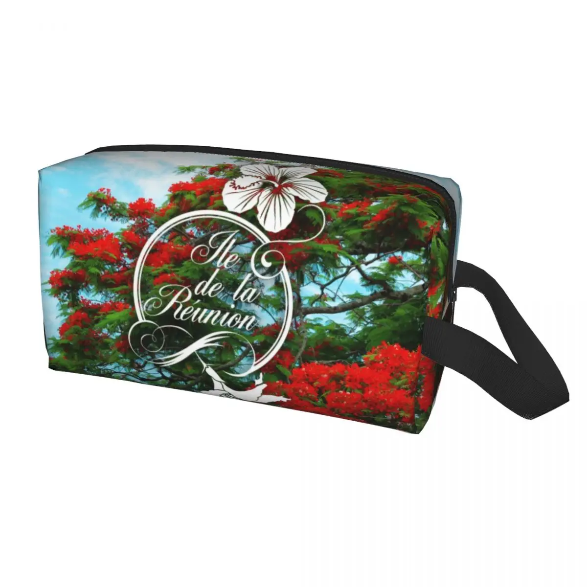 Custom 974 Reunion Island Flamboyant Hibiscus Toiletry Bag Flowers Pattern Makeup Cosmetic Organizer Beauty Storage Dopp Kit Box