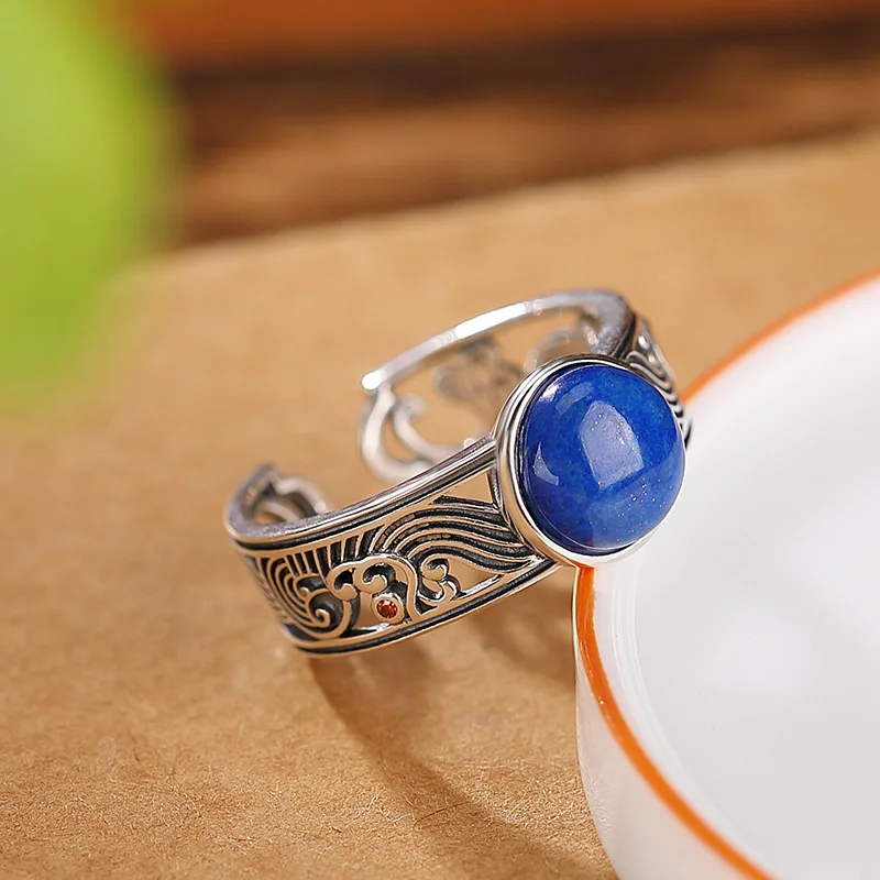 BOCAI S925 Sterling Silver Rings for Women New Fashion Round Lapis Lazuli Hollow Spindrift Pattern Adjustable Ring Jewelry