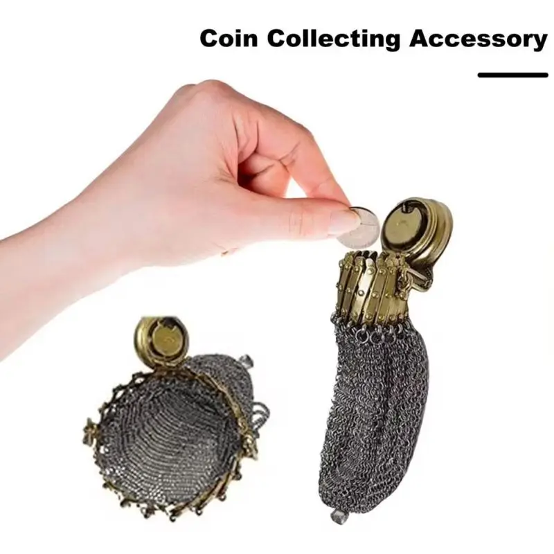 Handmade 1920's English Coin Purse Chain Nail Vintage Shrink Coin Purse Double Mesh Bag Stainless Steel Coin Collection Bag