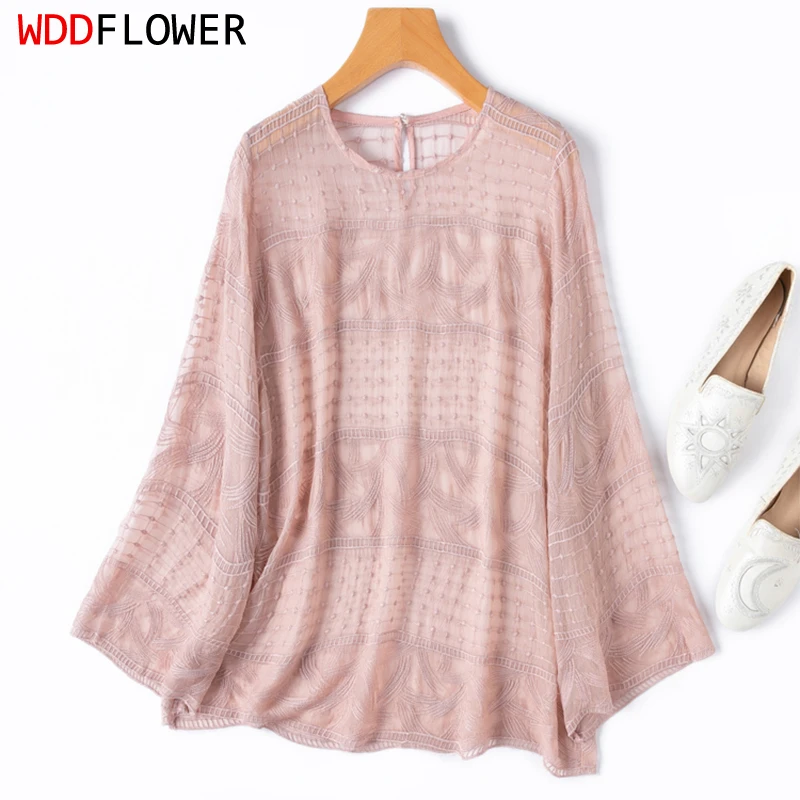 

Женская шелковая блузка из 100% тутового шелка, тонкий тип, прозрачная фиолетовая рубашка с вышивкой и круглым вырезом, рукав 3/4, топ, пуловер L XL M1380