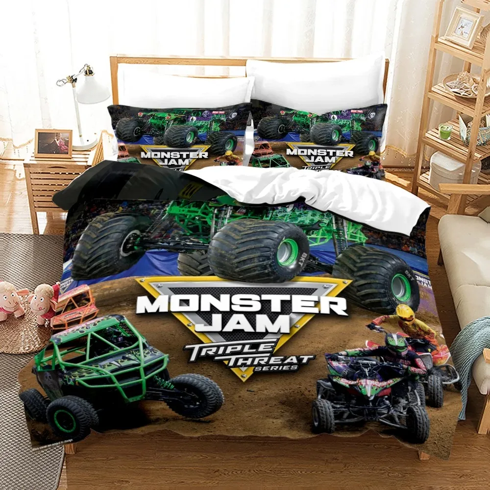 Monster Jam Bettwäsche-Set, Einzelbett, Doppelbett, Queen-Size-Bett, Monster Jam, F1-Bett-Set, Bettbezug-Sets für Erwachsene und Kinder, 3D-Druck 022