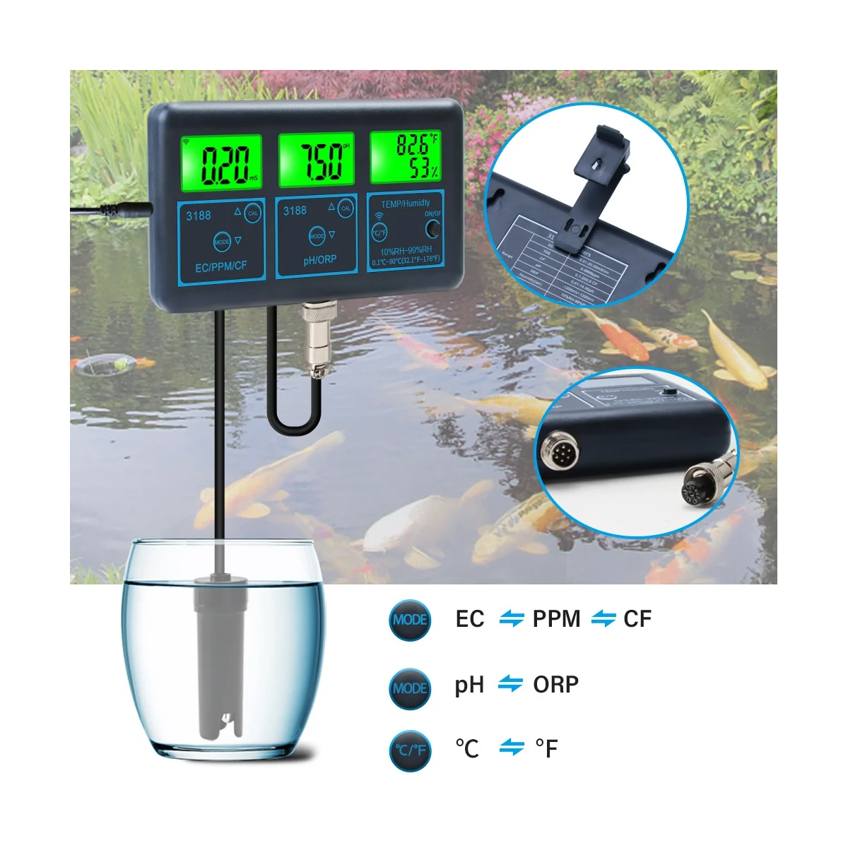 Tuya WiFi 7 in 1 Water Quality Tester Multi-Parameter Water Analyzer Digital PH/ORP/EC/Temperature Monitor Meter EU Plug