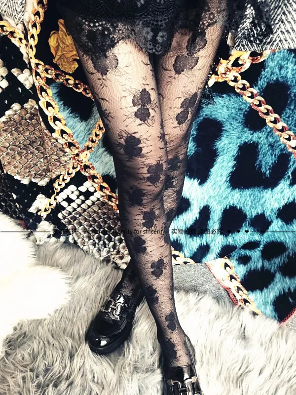 Italian Style Pantyhose, French Lace Mesh Rose Jacquard Tights, Simple Vertical‑Stripe Trendy Ins Women Fashion Stockings