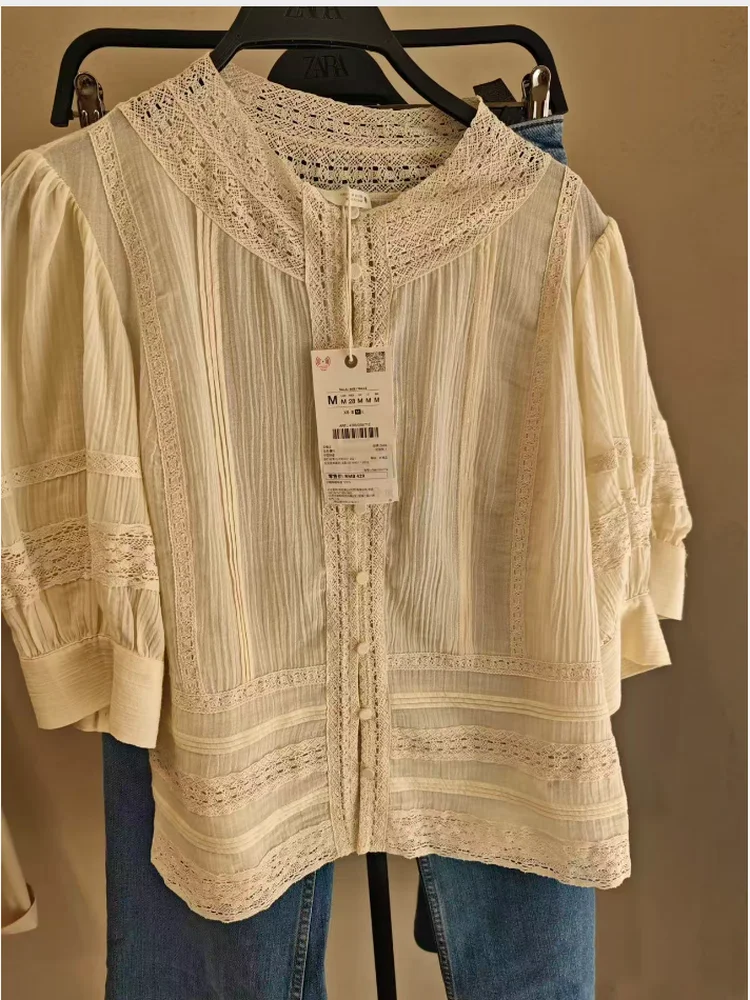 

Романтичная женская блузка с кружевной вышивкой, рукавами-фонариками и круглым вырезом, приталенная, из чистого хлопка, весна-лето, новинка