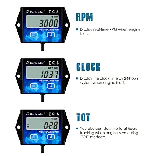 Digital Hour Meter Tachometer Gauge RPM Alert Backlights Display Battery Replaceable for 2/4 Stroke Small Gas Engine Motorcycle