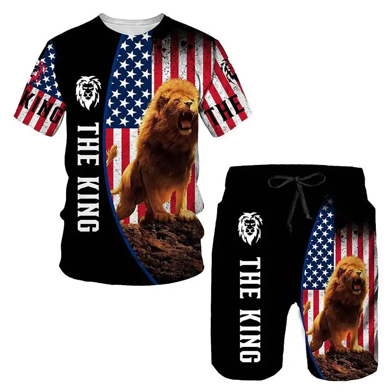 Men\'s Short Sleeve T-Shirt +Shorts Two Piece Suit Funny Lion Print Tops Fashion Hip Hop Harajuku Summer Children Oversized Sets