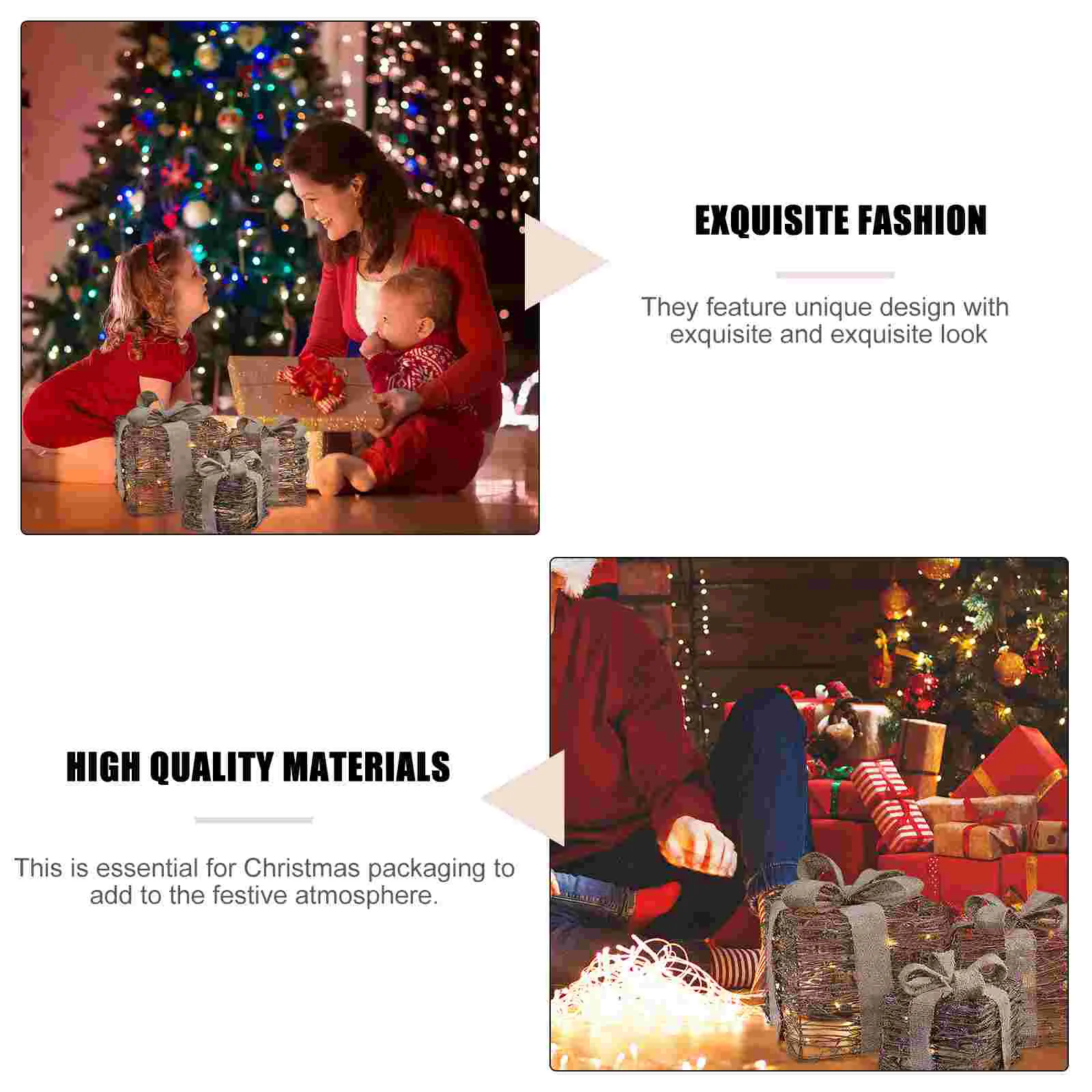 3ชิ้นการตกแต่งคริสต์มาสไฟเบอร์ออปติกเครื่องประดับกล่องของขวัญขนาดใหญ่ของขวัญปัจจุบันของเทศกาลคริสต์มาสสร้างสรรค์