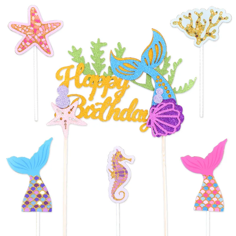 

Princess Mermaid Cake Decorations Under The Sea Starfish Shell Coral Cake Toppers Ocean Animals Girls Happy Birthday Party Decor