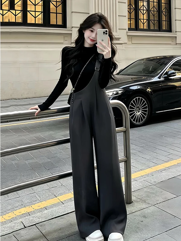 Fashionable Long Sleeve T-Shirt And Wide Leg Overalls Women's Two-Piece Set Autumn Collection Casual Style High Waist Design