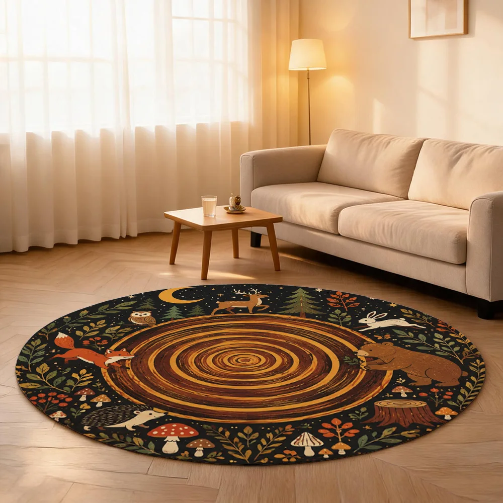 Forest Woodland Animals Round Area Rug Nursery Decor Cute Fox Deer Bear Rabbit Autumn Farmhouse Style Mat - view 3