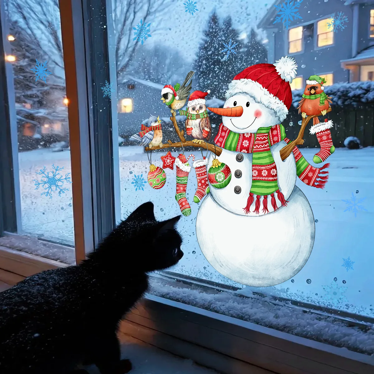 Christmas Window Mirror Stickers Cartoon Raccoon Snowman Snowflake Mouse Static Sticker Merry Christmas Decor Happy New Year