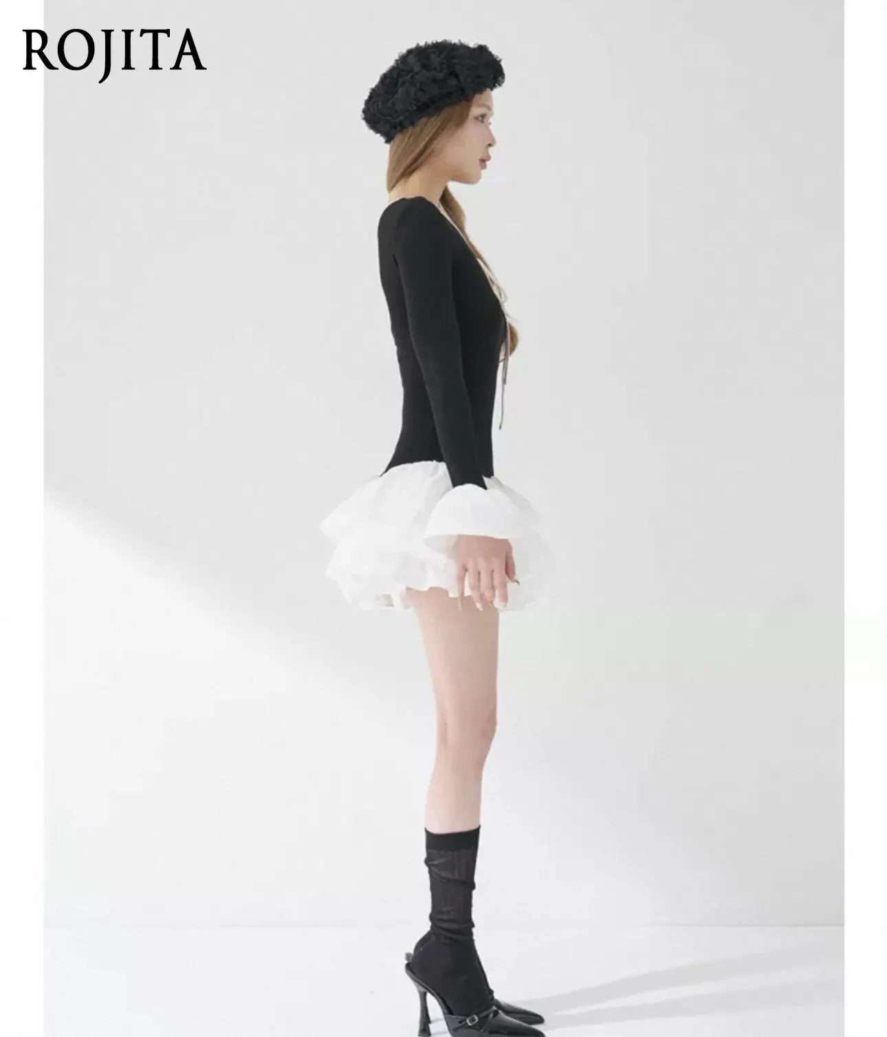 Slant Shoulder Asymmetrical Neckline Strap Slim Stitching Temperament Short Dress Japanese Fashion Flared Sleeve Short Dress