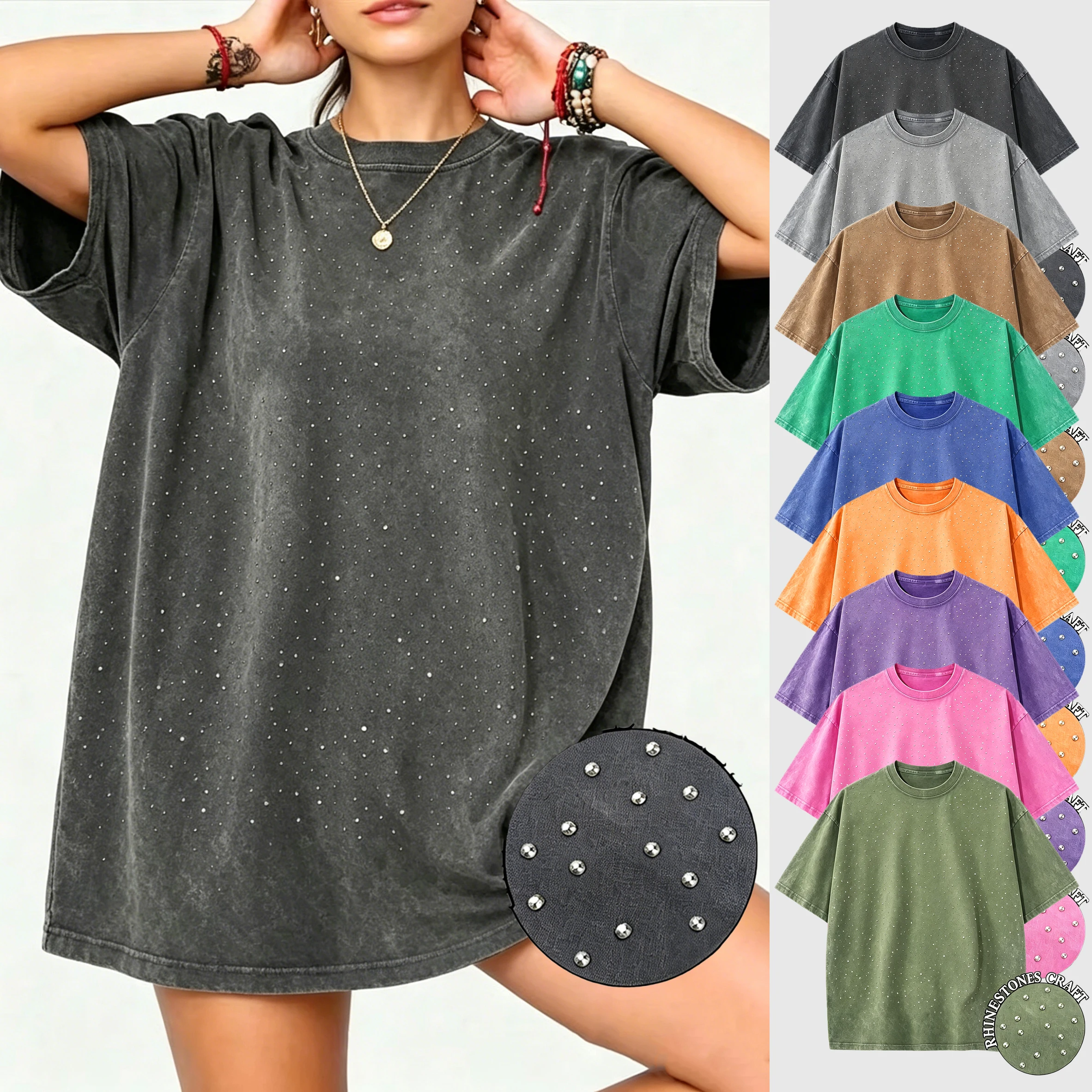 Summer Womens Diamond Cotton Washed T-shirts Vintage Short Sleeve Tops Casual O-Neck Oversized Tees Y2k Fashion Woman Clothes