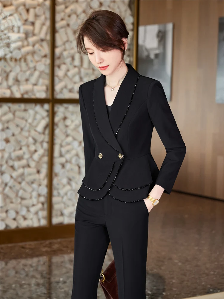 Women\'s pants suit Spring Autumn Office Ladies Elegant Blazer Trousers 2 Pieces of Sets Female Wine Red  Trouser Suits