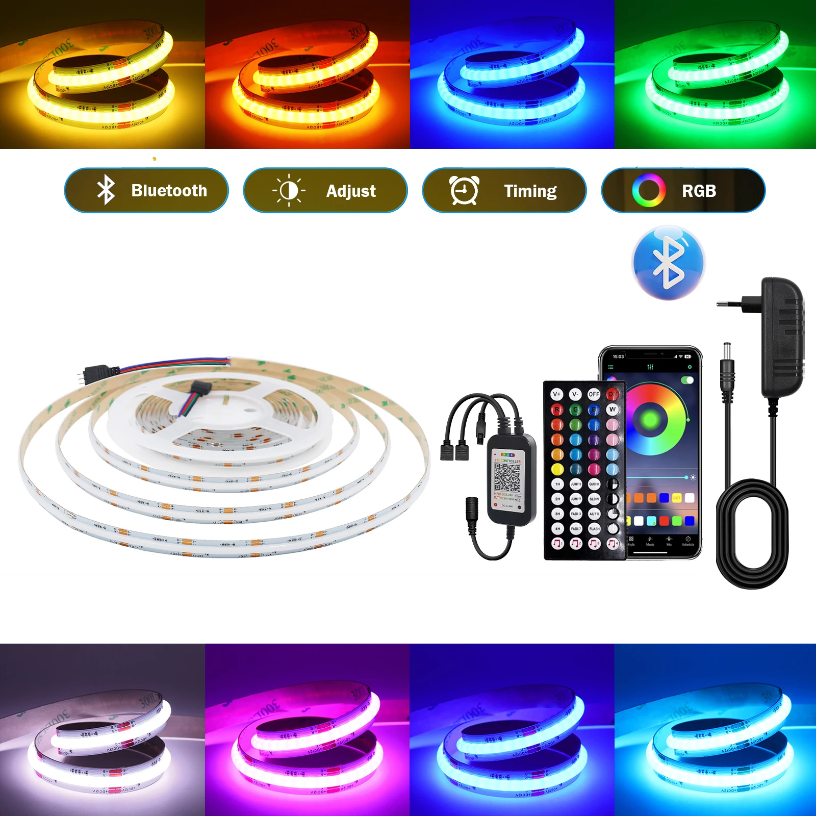 

840Leds/M RGB COB LED Strip DC 12V 24V Bluetooth APP Control TV BackLight Room Decoration EU/AU/UK/US Set Led Diode Light