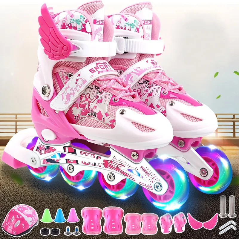 Adjustable children's full flash straight row single row roller skates skates four wheels, roller skate set