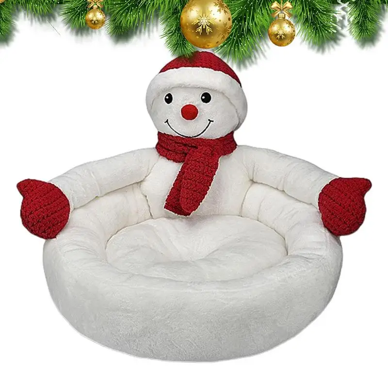 

Christmas Cat Bed 3D Snowman Creative pet Beds with Christmas Hat Scarf Soft Plush Beds with Anti-Slip Bottom Winter Kitten Bed