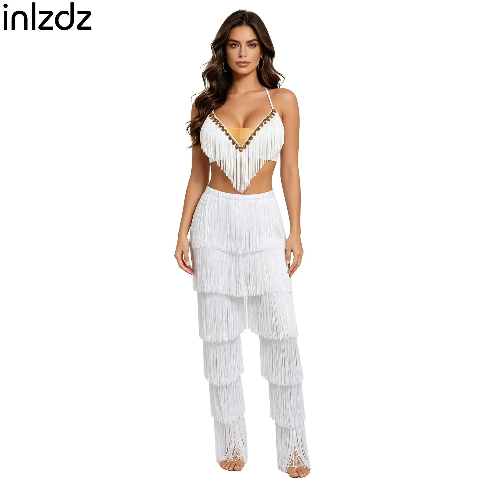 

Women Latin Tango Dance Costume Gold Trim Lace Up Halter Tassel Crop Top And Contrast Elastic Waist Pants Jazz Rumba Dancewear