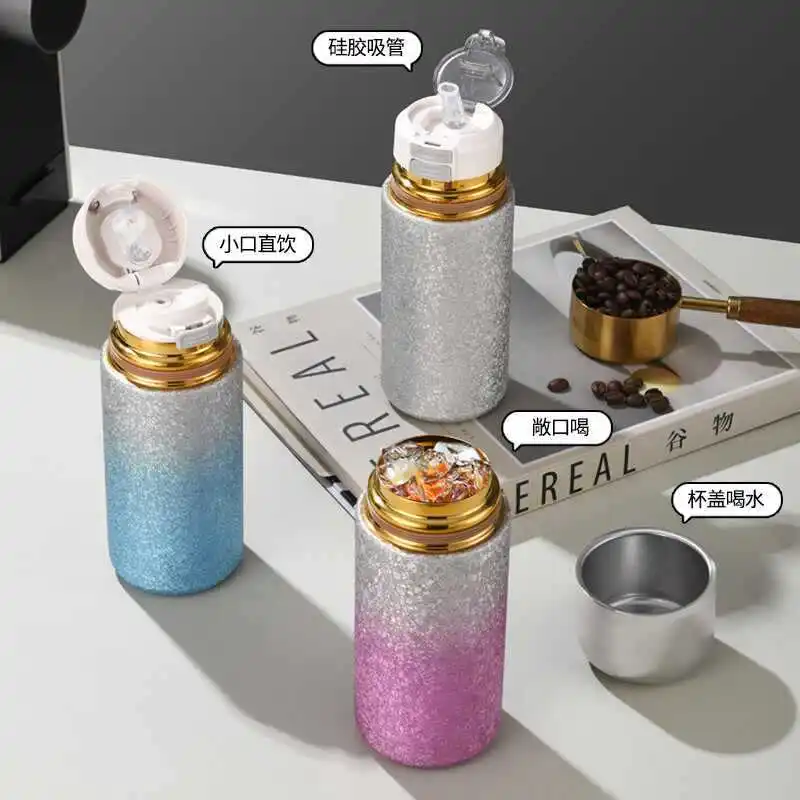240/350ml Mini Thermos Cup With Bouncing Lid,Double-layer Stainless Steel Vacuum Flask,Titanium-plated Inner Liner Water Bottle