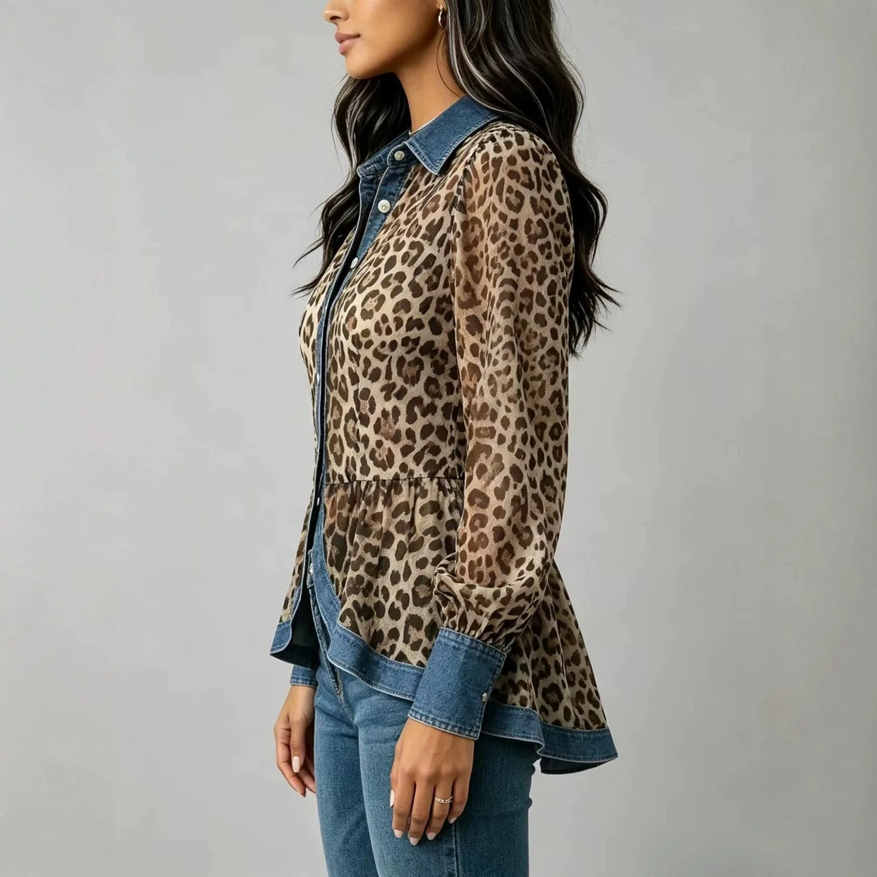 Women's Retro Leopard Pattern Solid Color Shirt With Cowboy Border Collar Puff Long Sleeve Waist Buckle Tailored Fashion Shirt