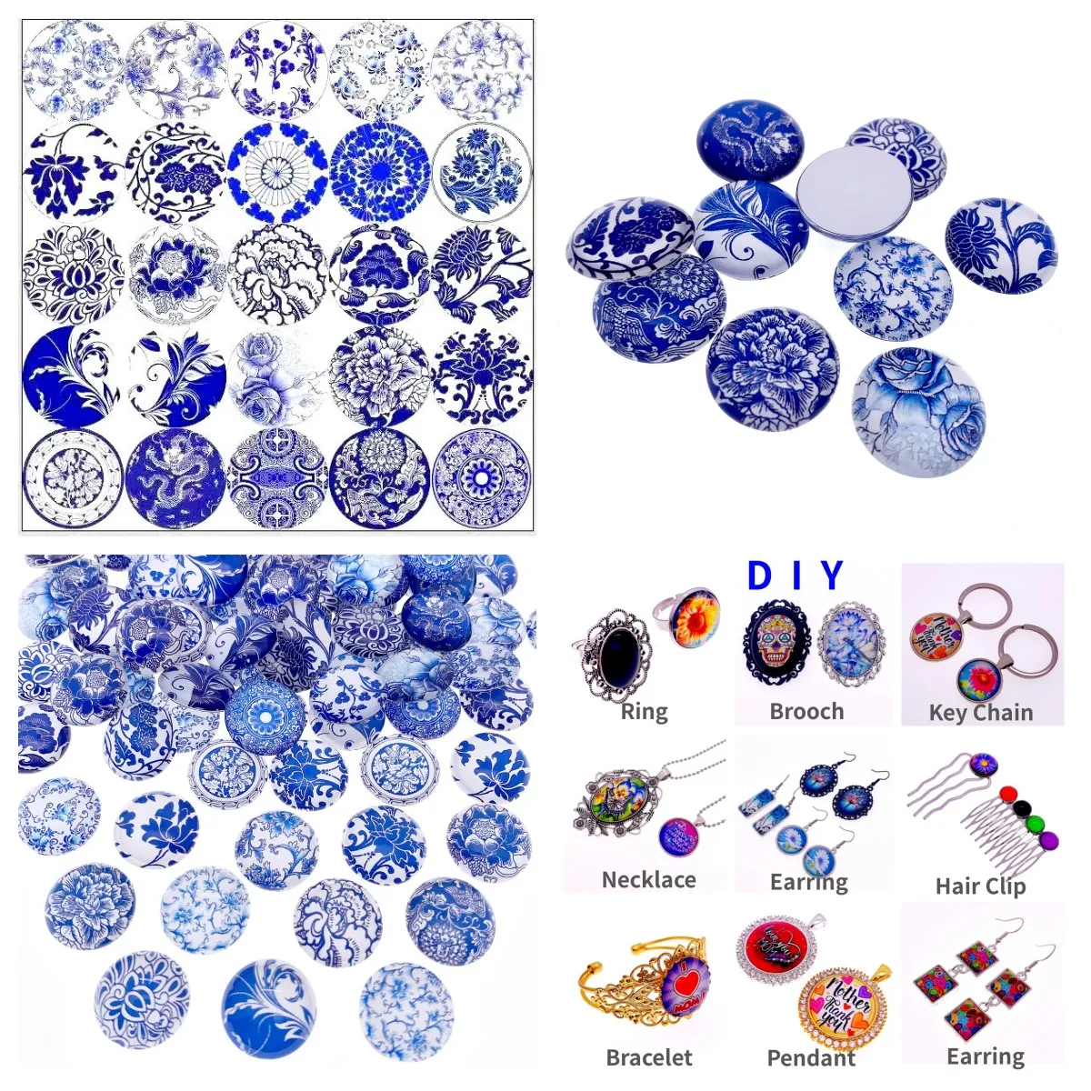 8 10 12 14 16 18 20 25 30mm Random Mixed Style Blue and white Porcelain Round Glass Cabochon Flatback Photo Base k04146