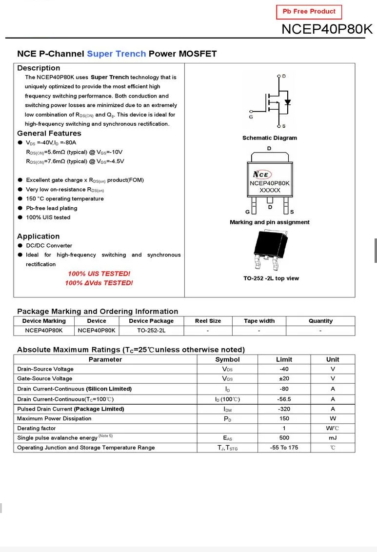 Free Shipping 10PCS NCEP40P80K NCE P-Channel Super Trench Power MOSFET TO-252 MOS