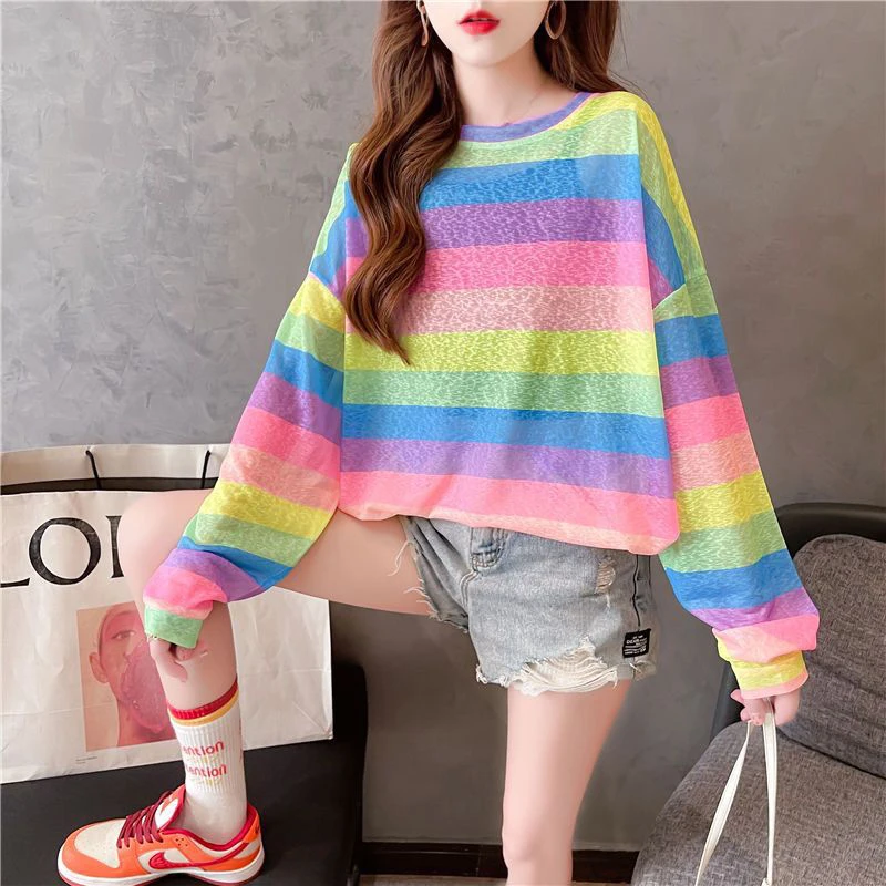 EBAIHUI T-shirt a righe arcobaleno Donna T-shirt trasparenti oversize Manica lunga sexy Colori irregolari Allentati Casual Maglia sottile Top