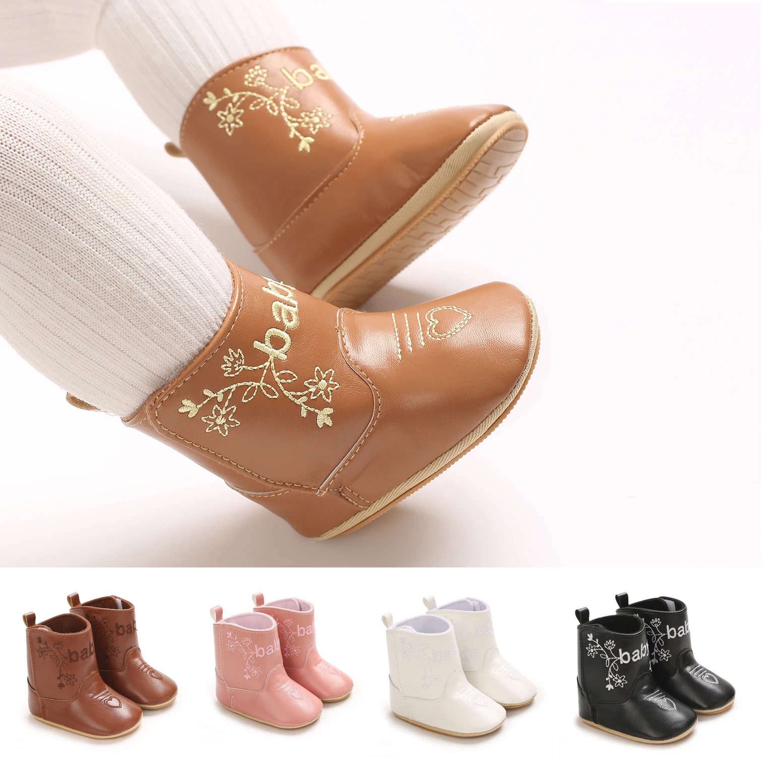 

Infant Anti Slip Rubber Sole Leather High Top Shoes With Trendy Splicing Design White Baptismal Shoes Newborn Bed Shoes