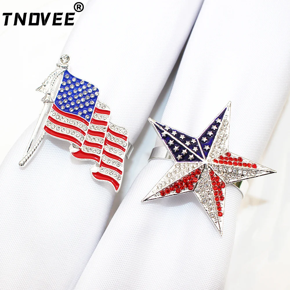 6Pcs Silver Independence Day Napkin Rings Rhinestone 4th of July Napkin Ring Holder Patriotic Napkin Buckle (American Flag )