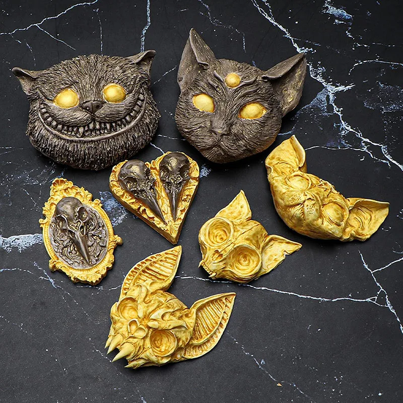 Moules en silicone pour résine époxy, formes crâne, tête de chauve-souris, corbeau, oiseau, squelette, tête de chat sphynx, pour la fabrication de bijoux pendentifs d'Halloween DIY