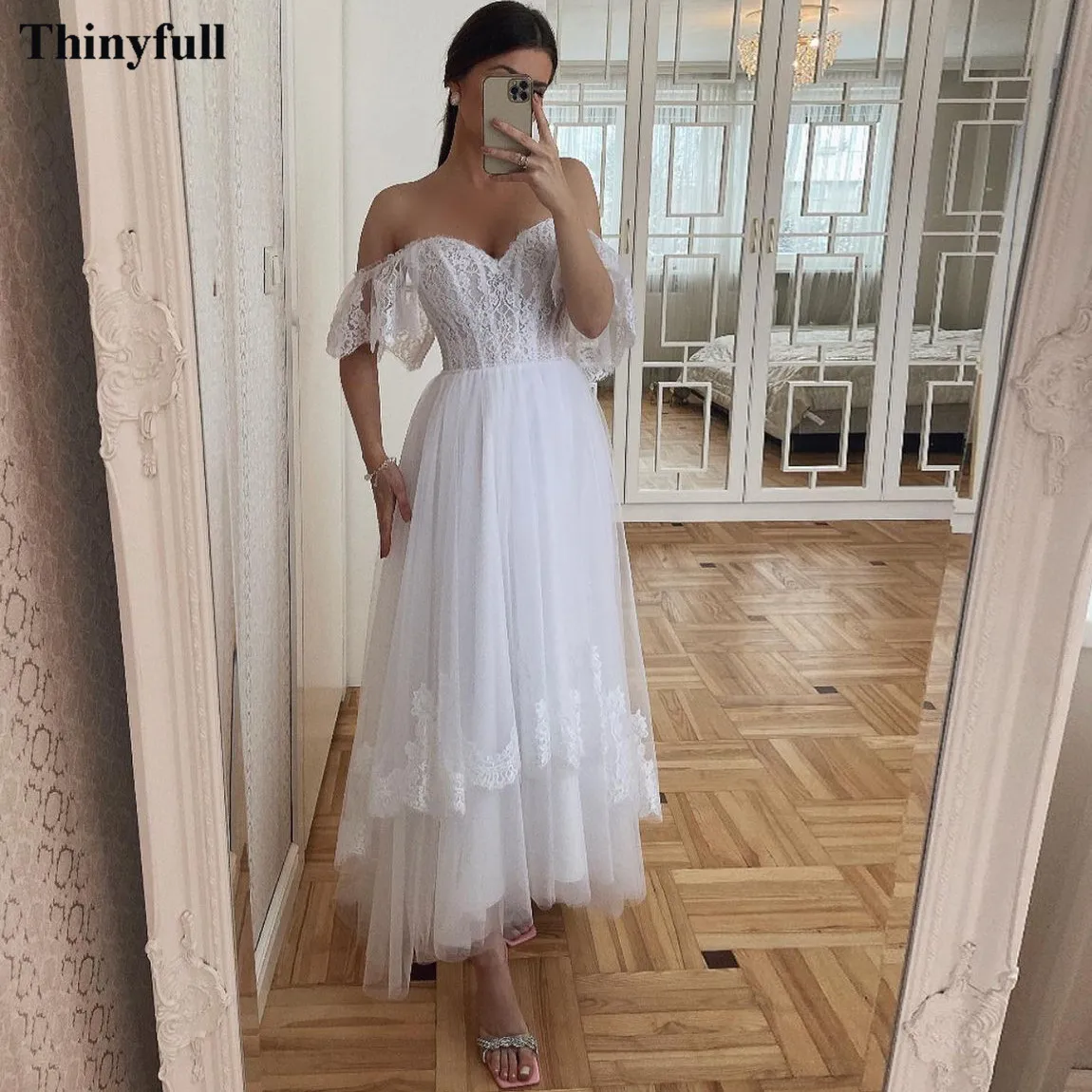 

Thinyfull White Short Wedding Dresses Lace Tiered Skirt Formal Wedding Gowns Off Shoulder Beach Ankle-Length Midi Bride Dress