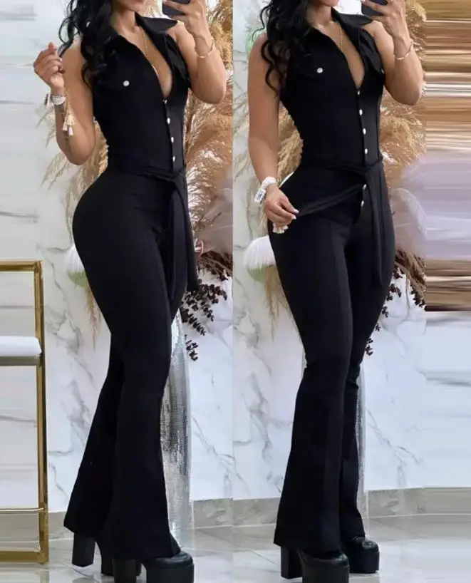 

Jumpsuit Women Sexys 2023 Turn Down Collar Sleeveless Skinny Flared Jumpsuits One Piece Outfit Fashion Clothes Overall Rompers