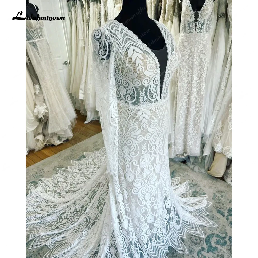 

Lakshmigown Plunging V Neck Long Sleeves Lace Mermaid Wedding Gowns 2023 Robes Sexy Bridal Boho Beach Wedding Dress Backless