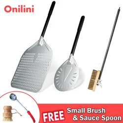 Onilini 12/13/14 inch Pizza Peel with Oven Brush Set Anodized Pizza Turning Peel Perforated Shovel Retangular Pizza Paddle