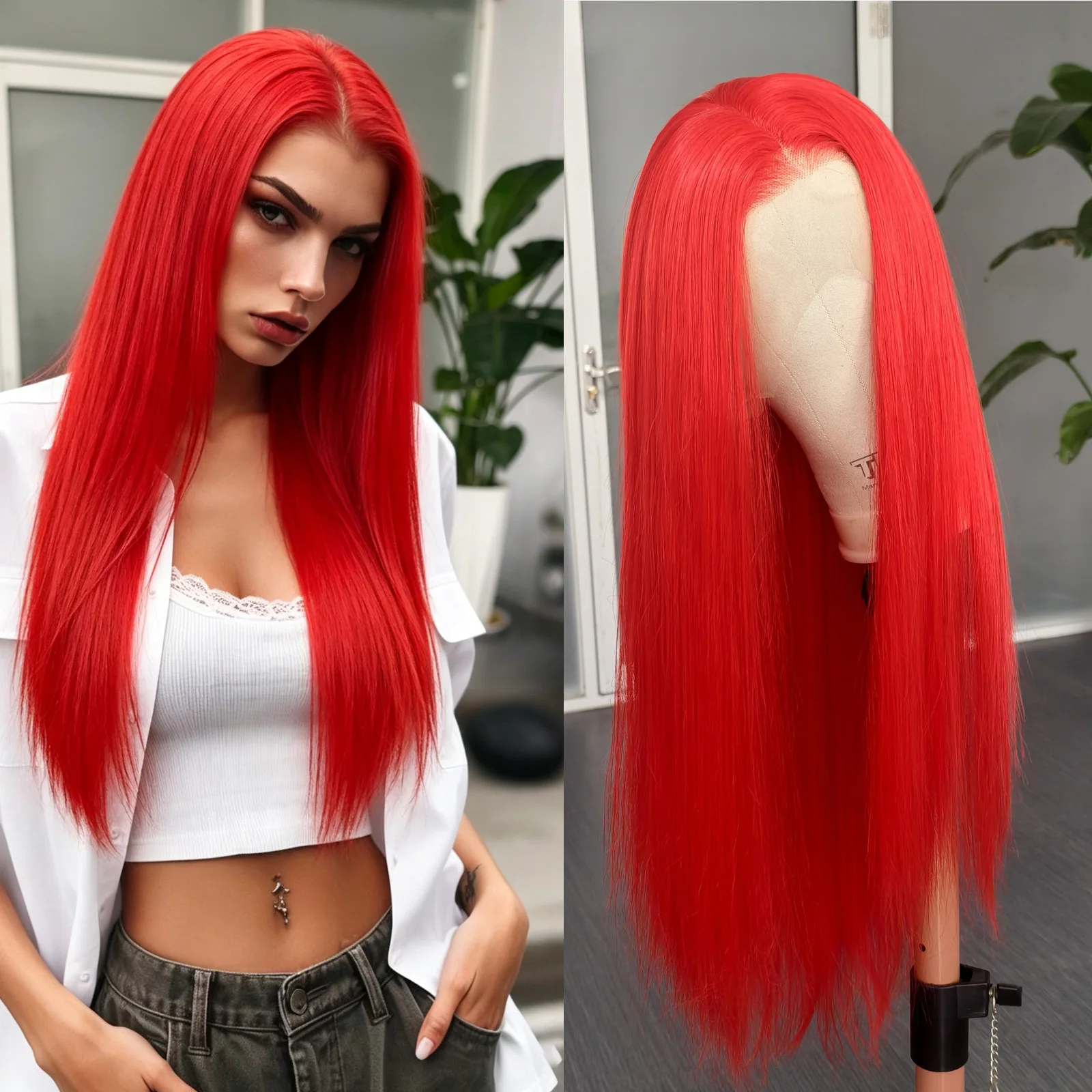 

Long Straight Red Synthetic Wig Red Lace Front Wig for Women Pre Plucked Natural Hairline Long Red Wig for Daily Party Use