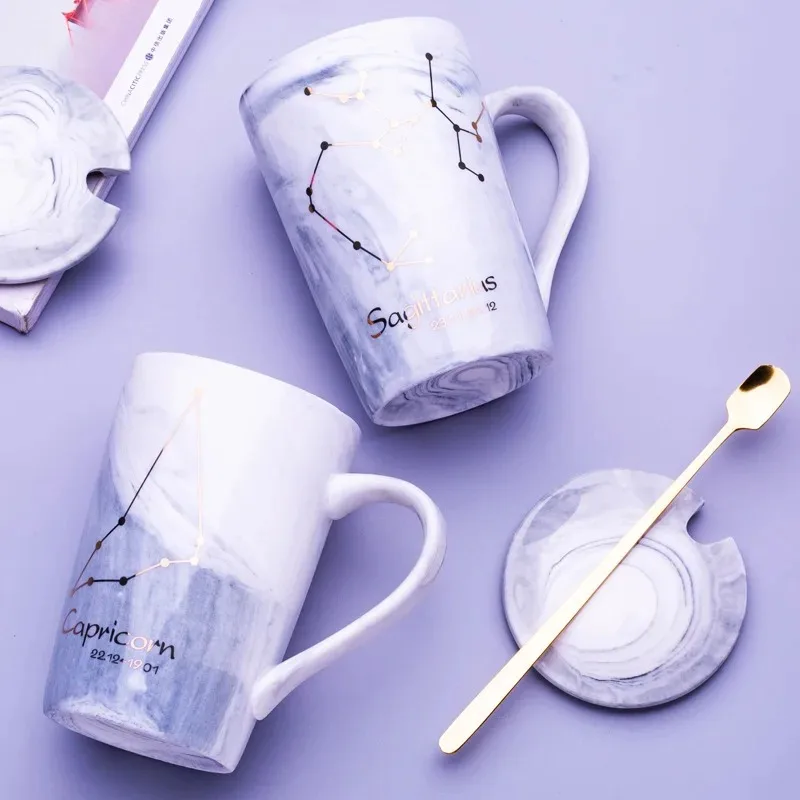 Pink Zodiac Ceramic Mug with Lid and Spoon Office Milk Coffee Mug Mug, Wedding New Year Gift Mug, Companion Gift