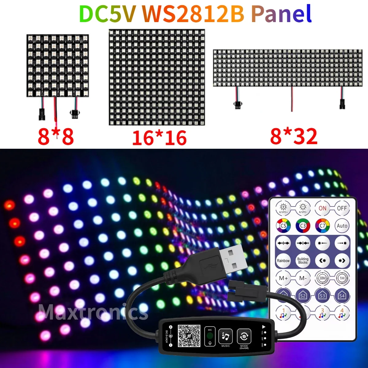 8X8 16X16 8X32 WS2812B LED Panel Light Kits Individually Addressable LED Module Matrix Screen or USB 28Keys BT Music Controller