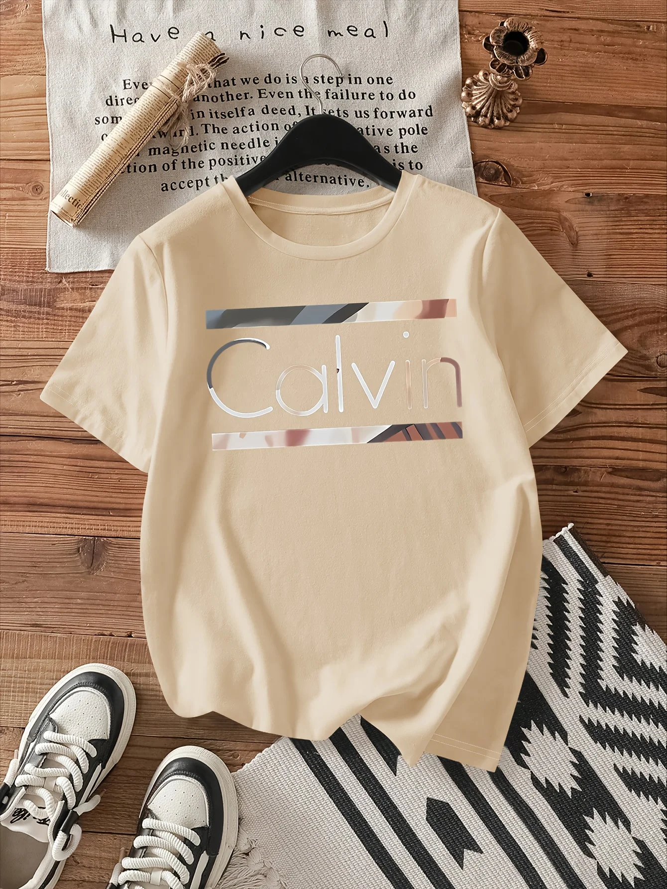 Women's Summer 100% Cotton Fashion Casual Calvin Letter Pattern Printed Loose Round Neck Short Sleeve T-shirt Top image 2