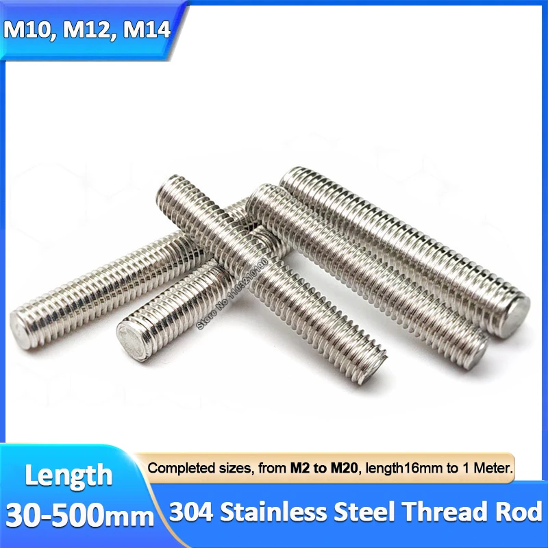 

Full Threaded Rod Bar M10 M12 M14-M24 304 Stainless Steel Fully Metric Thread Rods Screw Headless Bolt Stud L=30-500mm