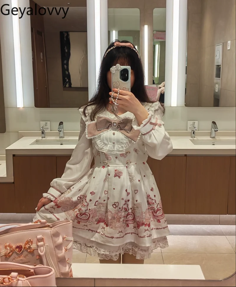 

Spring Summer New Japanese Mine Dress Set Mass-produced Doll Collar Long-sleeved Slim-fit Printed Dresses and Bottoming Shorts
