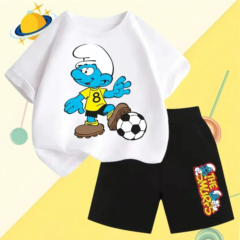 Coppa europea Smurfs bambini Cartoon t-shirt set Anime Print sport pantaloncini manica corta ragazzi camicia casual ragazze Kawaii 2 pezzi set