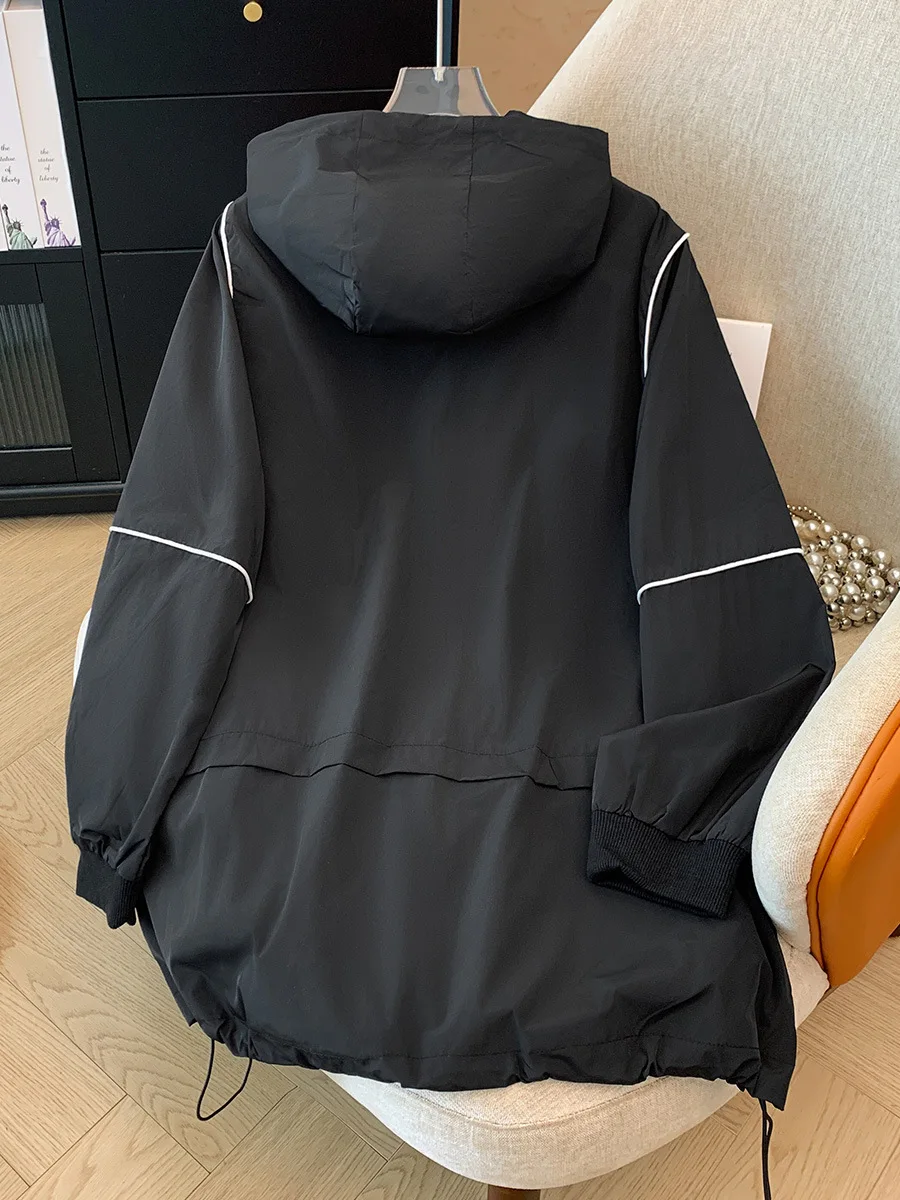 150Kg Plus Size Women\'s Bust 160 Spring Autumn Contrast Color Hooded Trench Coat   Loose Casual Jacket 5XL 6XL 7XL 8XL 9XL