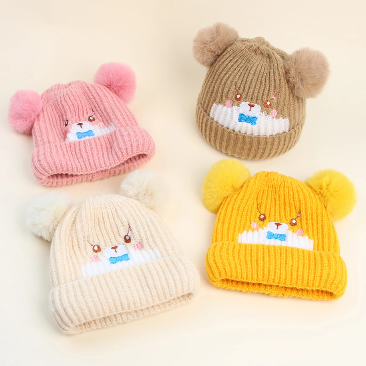 หมีน่ารักเด็กหมวกฤดูหนาวเด็กอบอุ่นถักหมวกคู่ Pompom ทารกโครเชต์ Bonnet Plush Ball ทารกแรกเกิดขนสัตว์หมวก 0-1Year