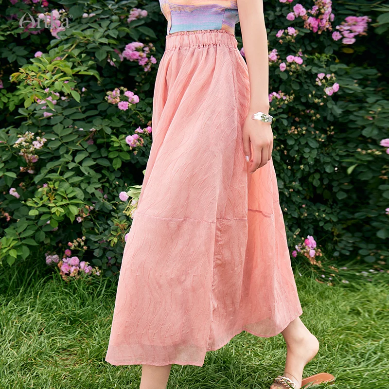 ARTKA 2023 Summer New Women Skirt Elegant Gentle Elastic High Waist A-Line Skirts Pink Long Bouffant Skirt Female QA92130X