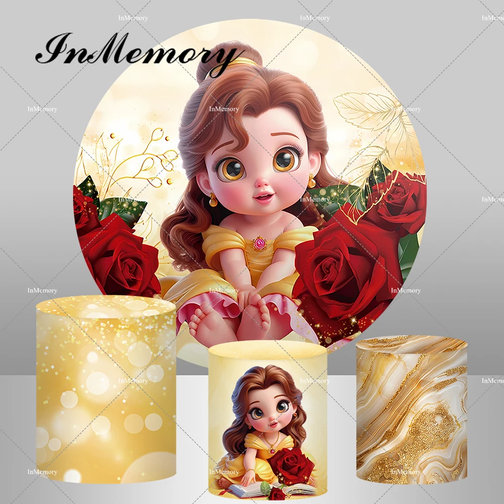 

Cartoon Princess Belle Round Backdrop for Baby Shower Girls Birthday Party Decor Photography Backgrounds Marble Cylinder Covers