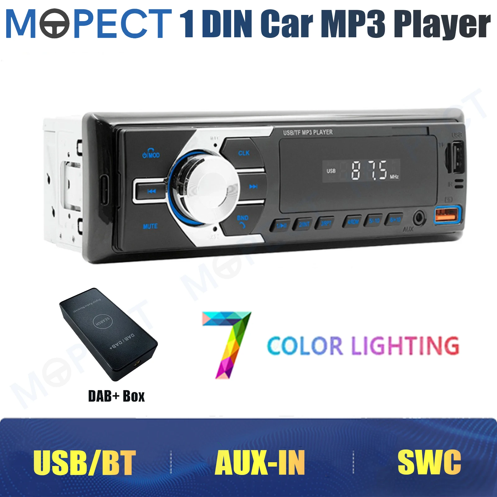Radio para Auto MOPECT DAB+, Reproductor MP3 Estéreo de 1 DIN, 2 USB/TF/FM/AUX, Unidad Principal con Control Remoto, Reproductor MP3 Bluetooth Integrado, Sin CD